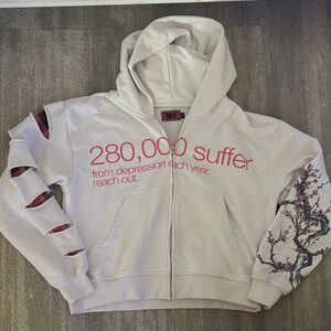 Rev White Hoodie with Pink Text and Distressed Sleeves